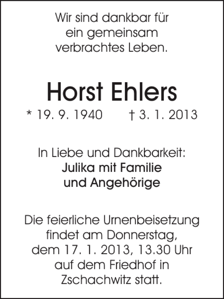  Traueranzeige für Horst Ehlers vom 05.01.2013 aus Sächsische Zeitung