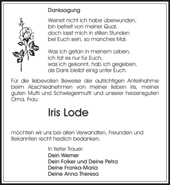 Traueranzeige von Iris Lode von Sächsische Zeitung