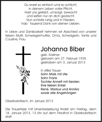 Traueranzeige von Johanna Biber von Sächsische Zeitung