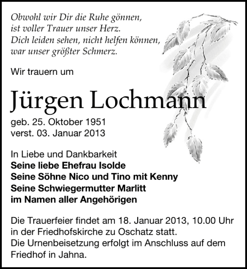  Traueranzeige für Jürgen Lochmann vom 15.01.2013 aus Leipziger Volkszeitung