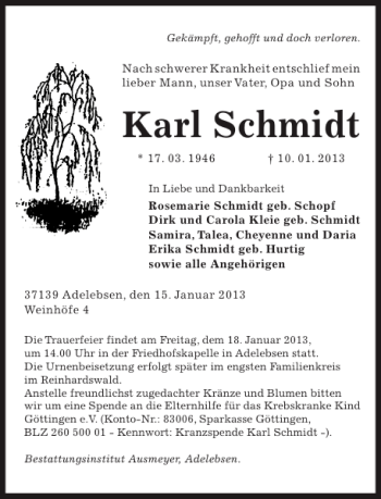 Traueranzeige von Karl Schmidt von Göttinger Tageblatt