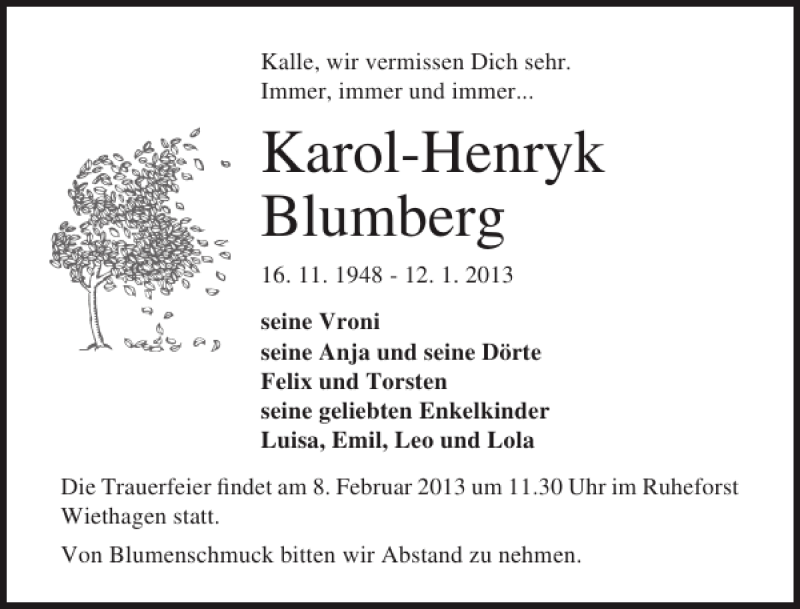  Traueranzeige für Karol-Henryk Blumberg vom 26.01.2013 aus Ostsee-Zeitung