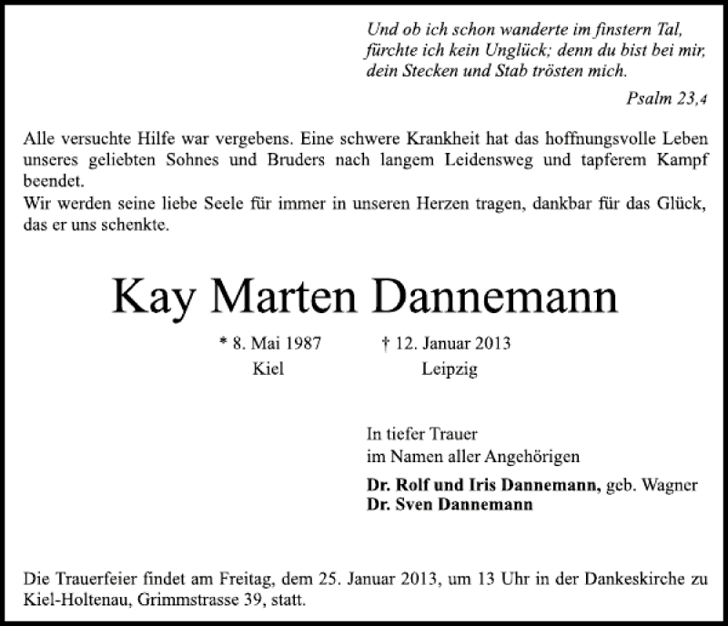  Traueranzeige für Kay Marten Dannemann vom 19.01.2013 aus Kieler Nachrichten / Segeberger Zeitung