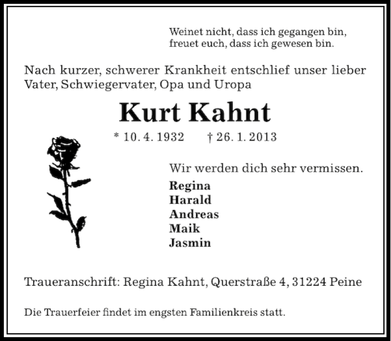  Traueranzeige für Kurt Kahnt vom 30.01.2013 aus Peiner Allgemeine Zeitung