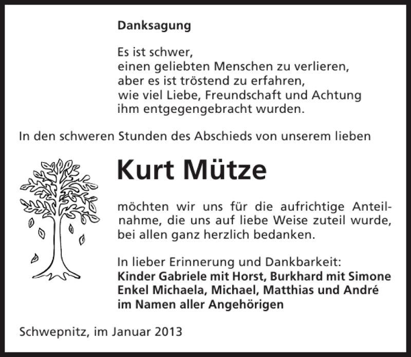  Traueranzeige für Kurt Mütze vom 11.01.2013 aus Sächsische Zeitung