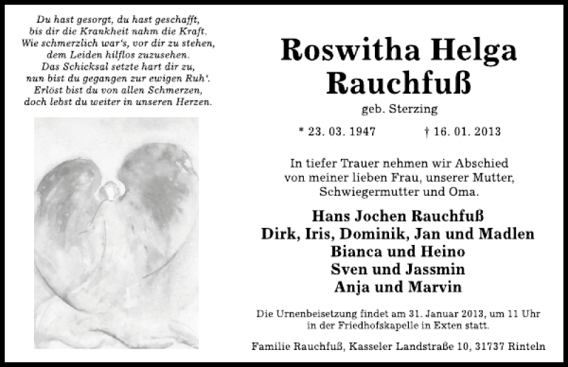  Traueranzeige für Roswitha Helga Rauchfuß vom 26.01.2013 aus Schaumburger Nachrichten