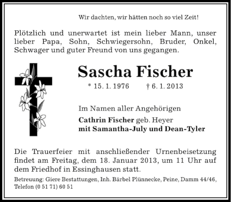  Traueranzeige für Sascha Fischer vom 14.01.2013 aus Peiner Allgemeine Zeitung