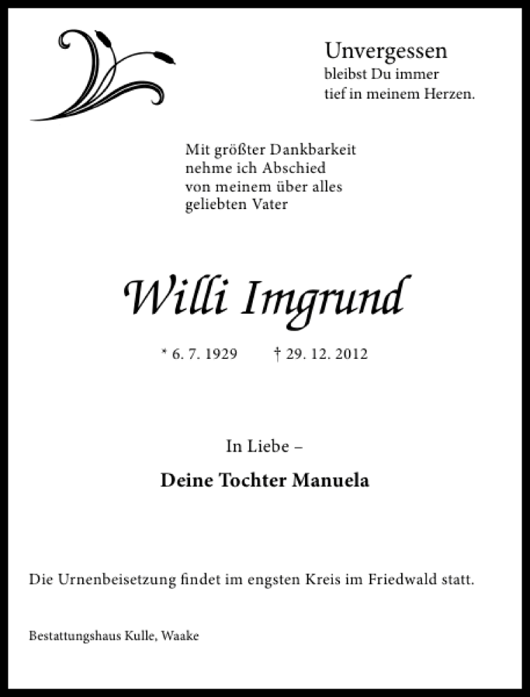  Traueranzeige für Willi Imgrund vom 05.01.2013 aus Göttinger Tageblatt