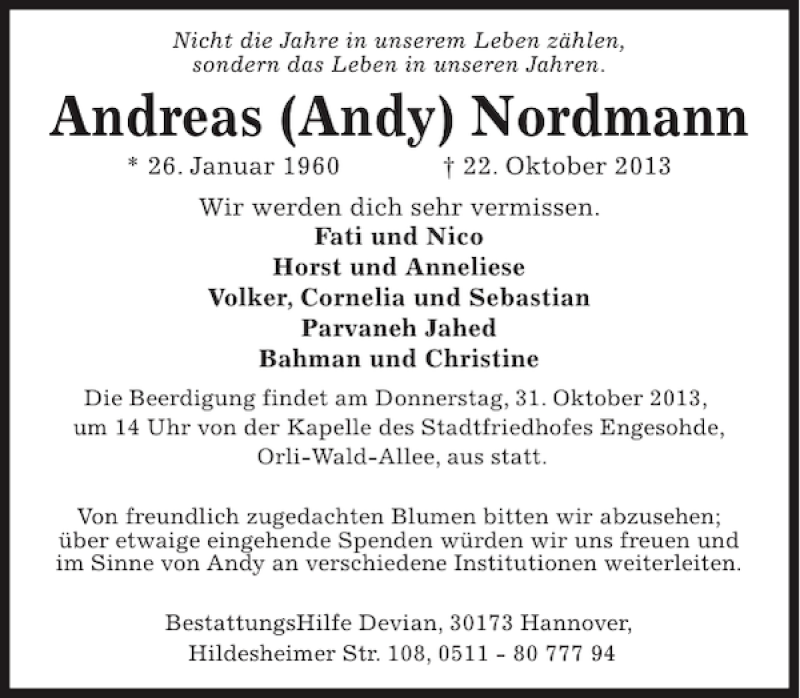  Traueranzeige für Andreas Andy Nordmann vom 26.10.2013 aus HAZ/NP