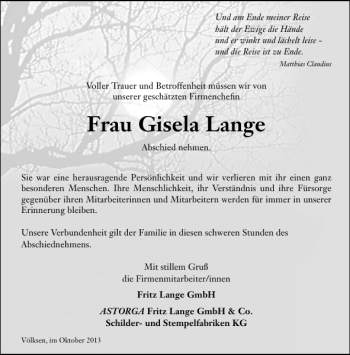 Traueranzeige von Frau Gisela Lange von HAZ/NP