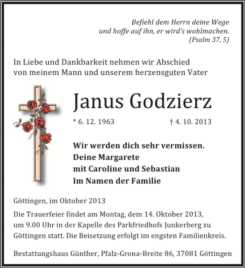  Traueranzeige für Janus Godzierz vom 12.10.2013 aus Göttinger Tageblatt