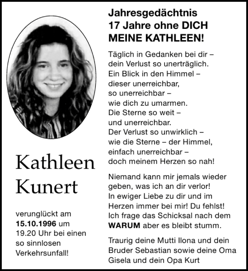  Traueranzeige für verunglückt Kathleen Kunert vom 15.10.2013 aus Leipziger Volkszeitung