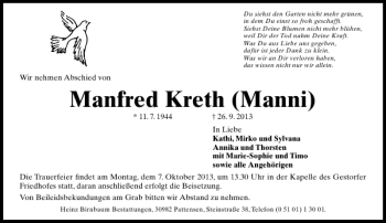 Traueranzeige von Manfred Kreth Manni von HAZ/NP