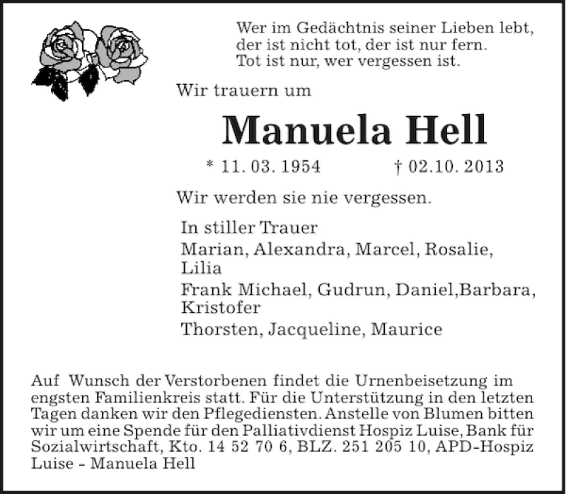  Traueranzeige für Manuela Hell vom 26.10.2013 aus HAZ/NP