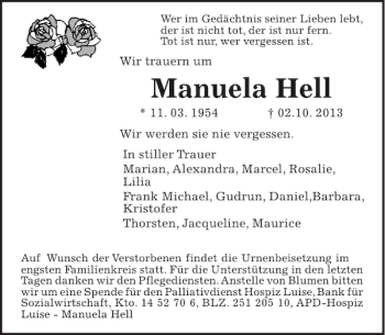 Traueranzeige von Manuela Hell von HAZ/NP