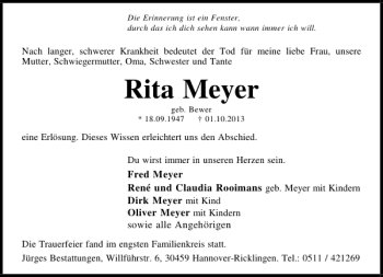 Traueranzeige von Rita Meyer von HAZ/NP