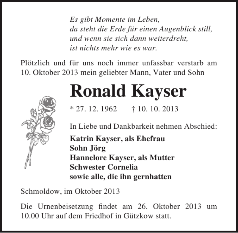  Traueranzeige für Ronald Kayser vom 19.10.2013 aus Ostsee-Zeitung