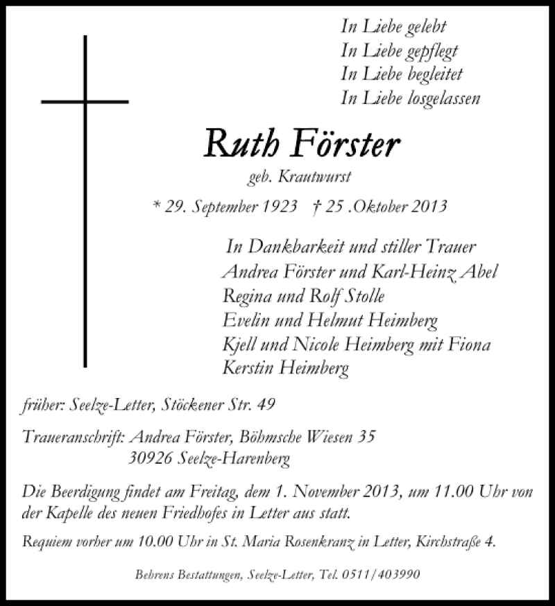  Traueranzeige für Ruth Förster vom 30.10.2013 aus HAZ/NP
