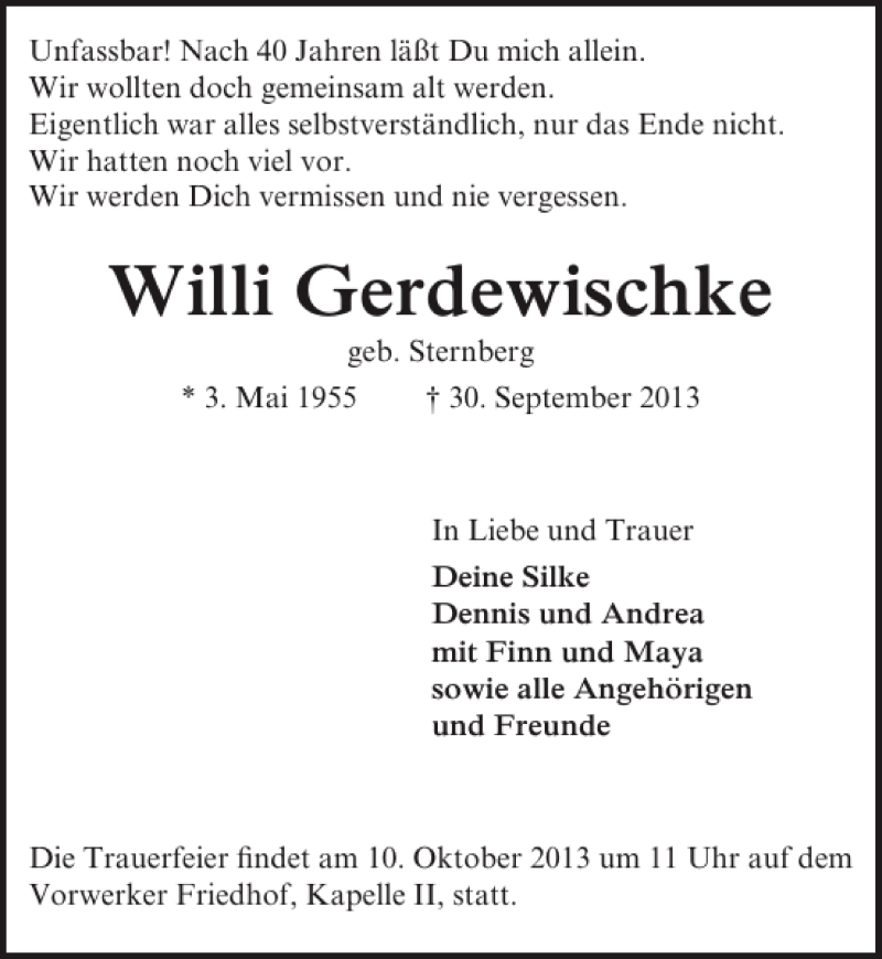  Traueranzeige für Willi Gerdewischke vom 06.10.2013 aus Lübecker Nachrichten