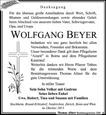 Traueranzeige von Wolfgang Beyer von Leipziger Volkszeitung