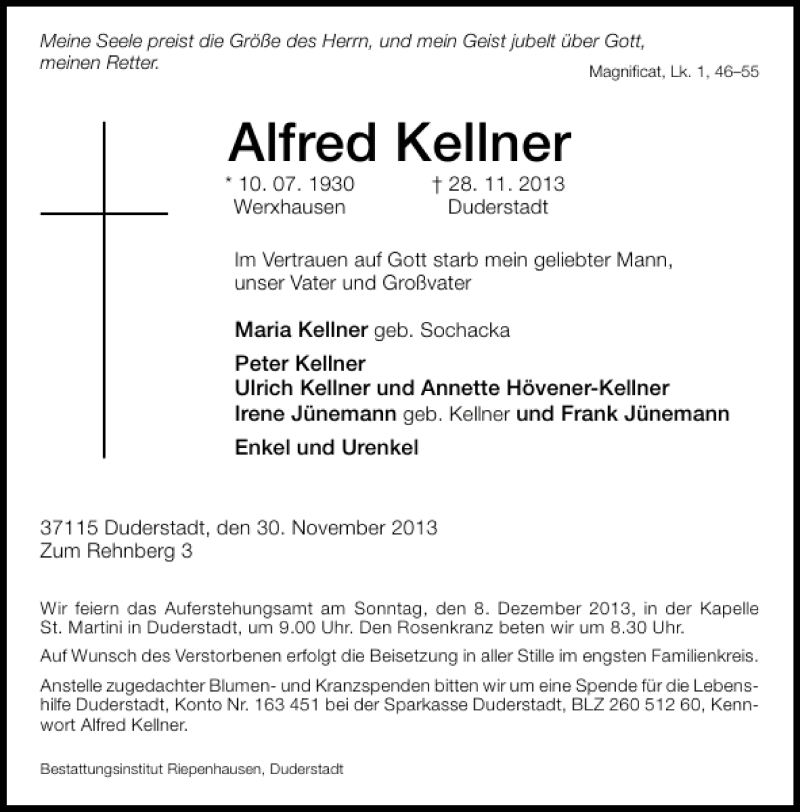 Traueranzeigen Von Alfred Kellner | Trauer-anzeigen.de