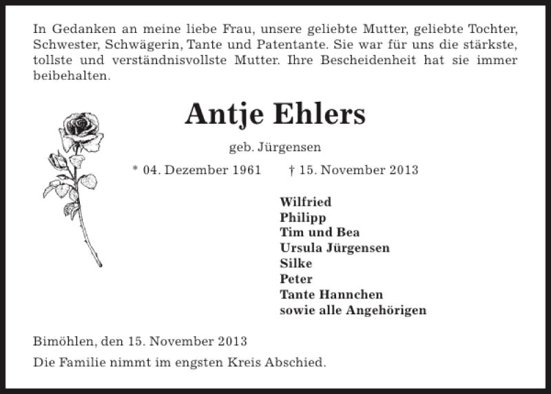  Traueranzeige für Antje Ehlers vom 23.11.2013 aus Kieler Nachrichten / Segeberger Zeitung