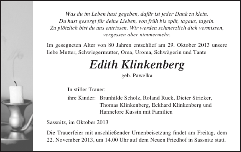  Traueranzeige für Edith Klinkenberg vom 02.11.2013 aus Ostsee-Zeitung