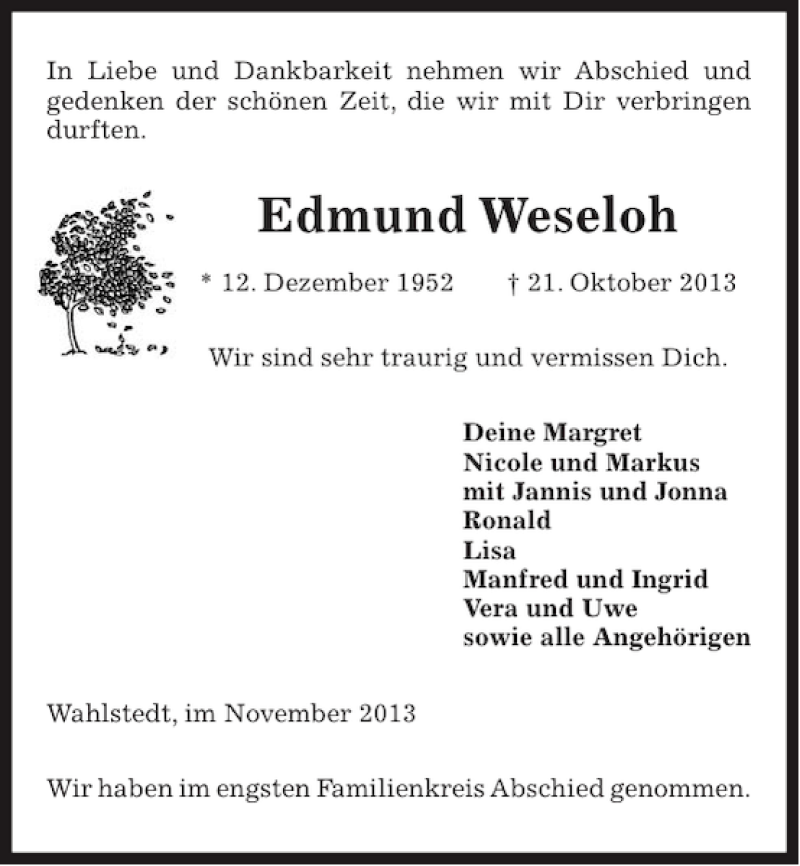  Traueranzeige für Edmund Weseloh vom 04.11.2013 aus Kieler Nachrichten / Segeberger Zeitung