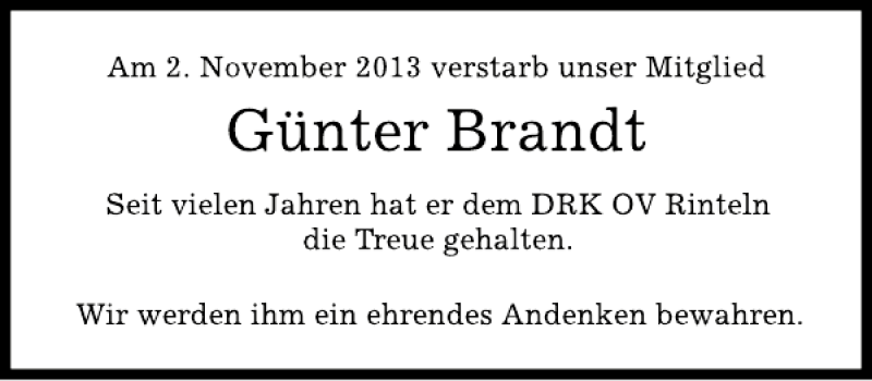  Traueranzeige für Günter Brandt vom 09.11.2013 aus Schaumburger Nachrichten