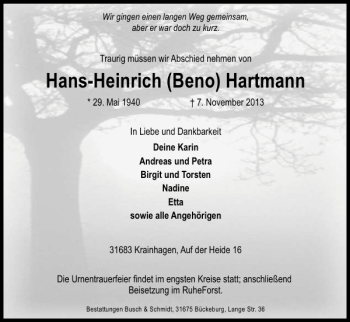 Traueranzeige von Hans-Heinrich Beno Hartmann von Schaumburger Nachrichten
