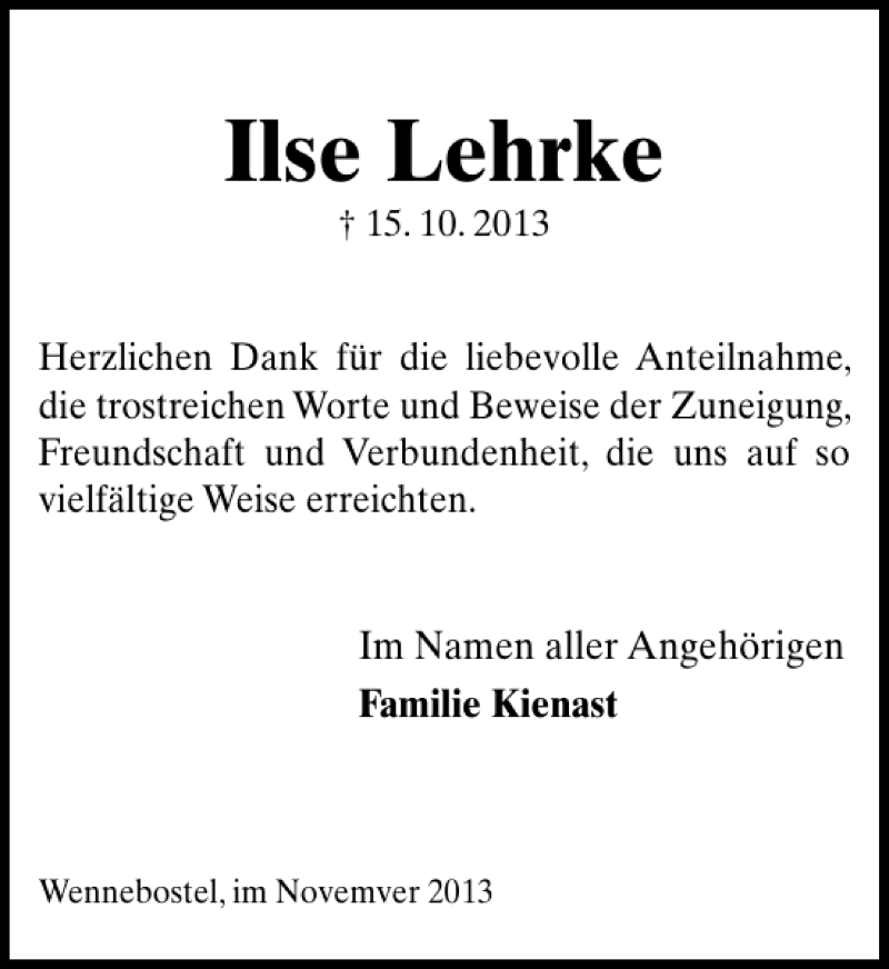  Traueranzeige für Ilse Lehrke vom 09.11.2013 aus Schaumburger Nachrichten