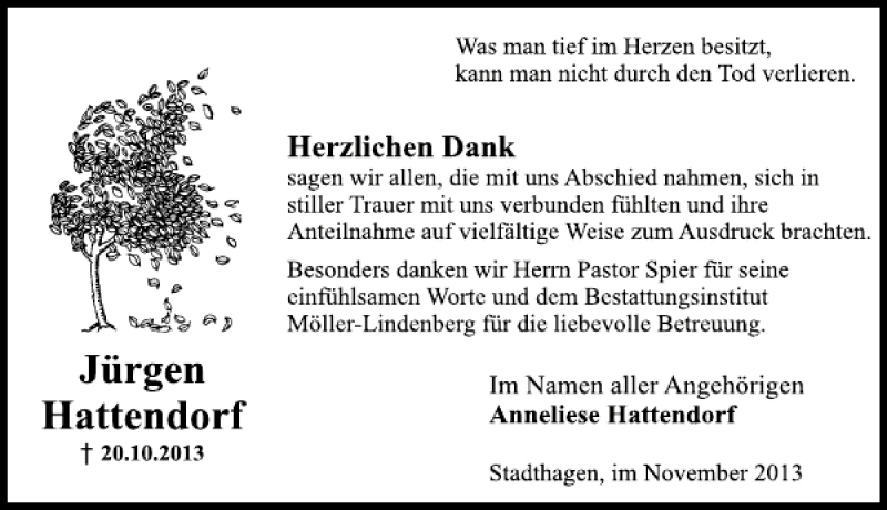  Traueranzeige für Jürgen Hattendorf vom 09.11.2013 aus Schaumburger Nachrichten