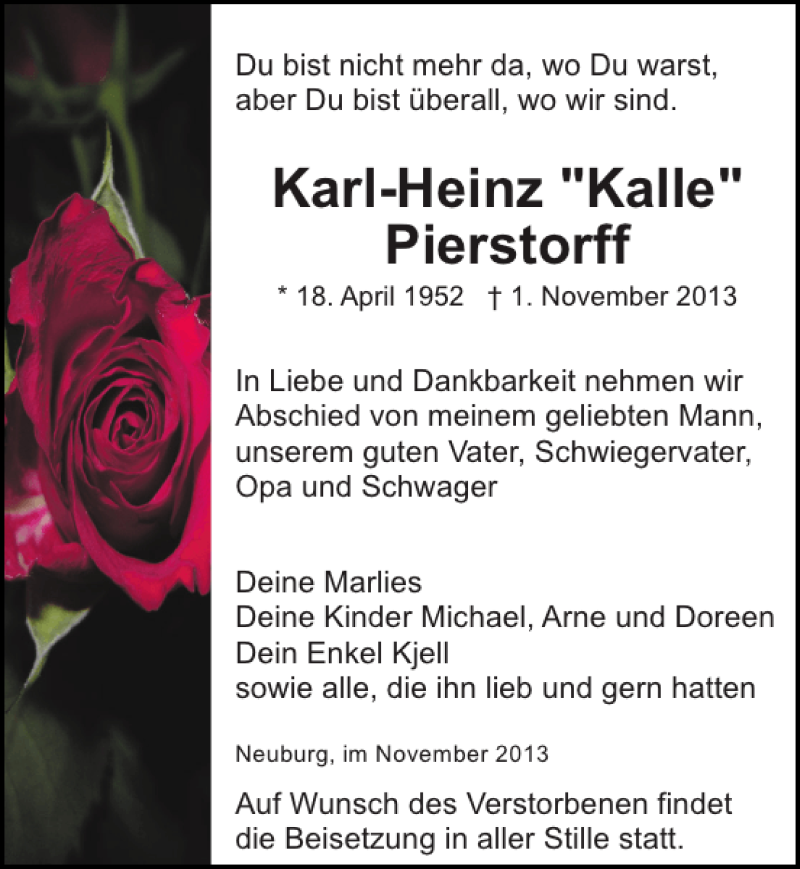  Traueranzeige für Karl-Heinz Kalle Pierstorff vom 09.11.2013 aus Ostsee-Zeitung