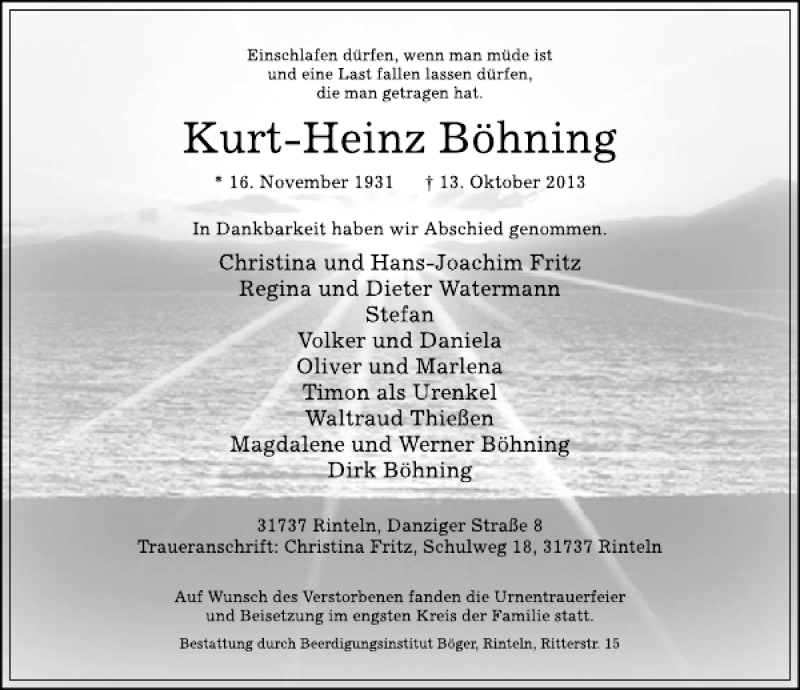  Traueranzeige für Kurt-Heinz Böhning vom 02.11.2013 aus Schaumburger Nachrichten