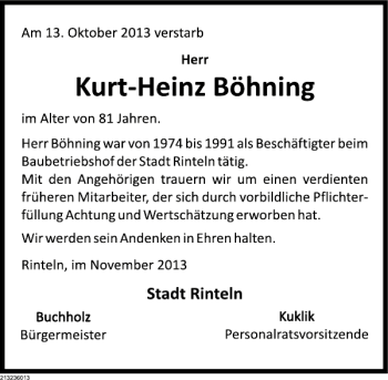 Traueranzeige von Kurt-Heinz Böhning von Schaumburger Nachrichten