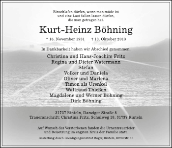Traueranzeige von Kurt-Heinz Böhning von Schaumburger Nachrichten