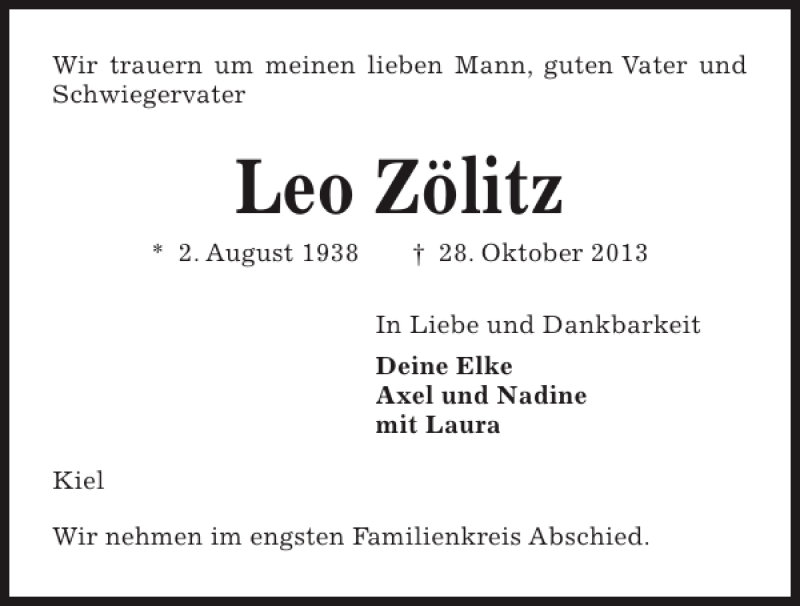  Traueranzeige für Leo Zölitz vom 02.11.2013 aus Kieler Nachrichten / Segeberger Zeitung