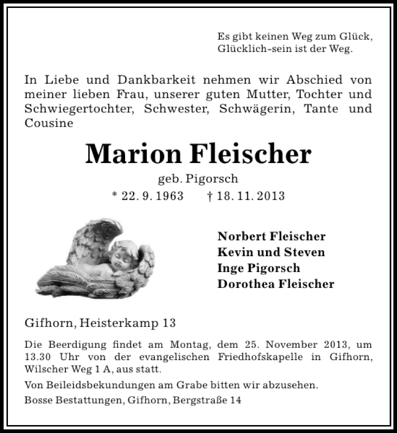  Traueranzeige für Marion Fleischer vom 20.11.2013 aus Aller Zeitung / Wolfsburger Allgemeine