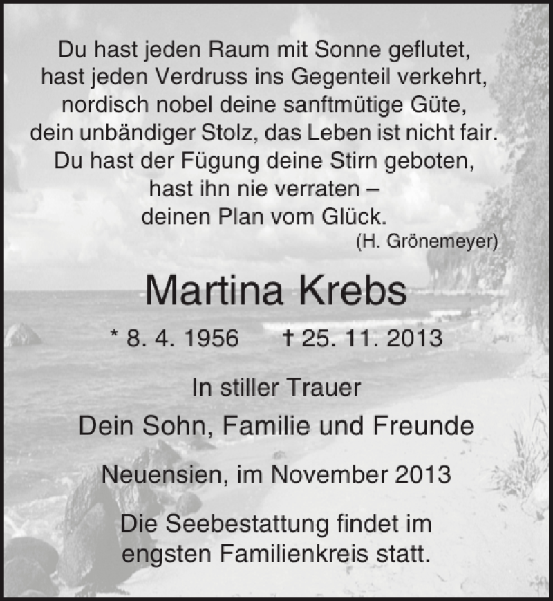  Traueranzeige für Martina Krebs vom 30.11.2013 aus Ostsee-Zeitung