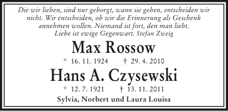  Traueranzeige für Max Rossow Hans A. Czysewski vom 13.11.2013 aus Kieler Nachrichten / Segeberger Zeitung