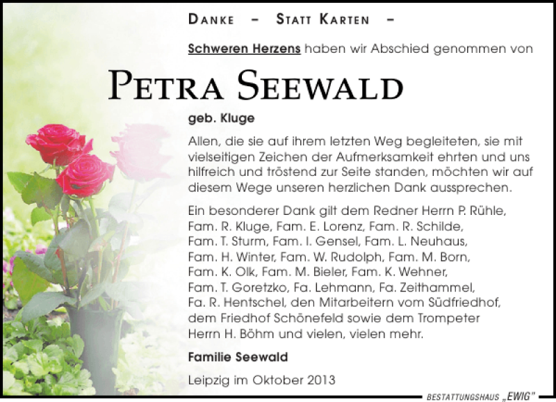 Traueranzeige für Petra Seewald vom 16.11.2013 aus Leipziger Volkszeitung