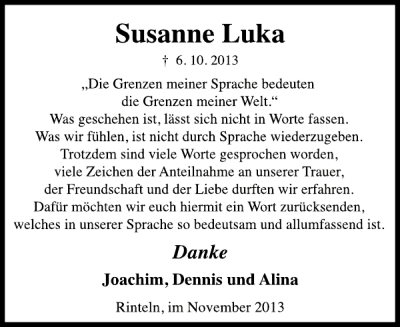  Traueranzeige für Susanne Luka vom 23.11.2013 aus Schaumburger Nachrichten