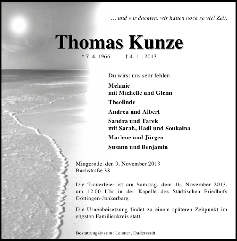  Traueranzeige für Thomas Kunze vom 09.11.2013 aus Eichsfelder Tageblatt