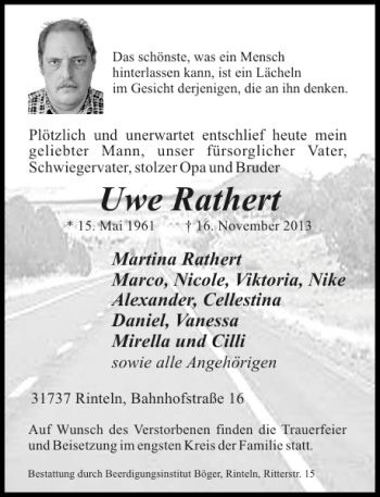 Traueranzeige von Uwe Rathert von Schaumburger Nachrichten