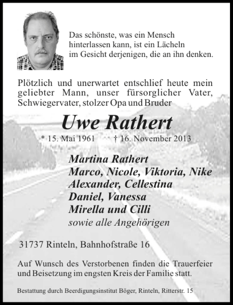  Traueranzeige für Uwe Rathert vom 23.11.2013 aus Schaumburger Nachrichten