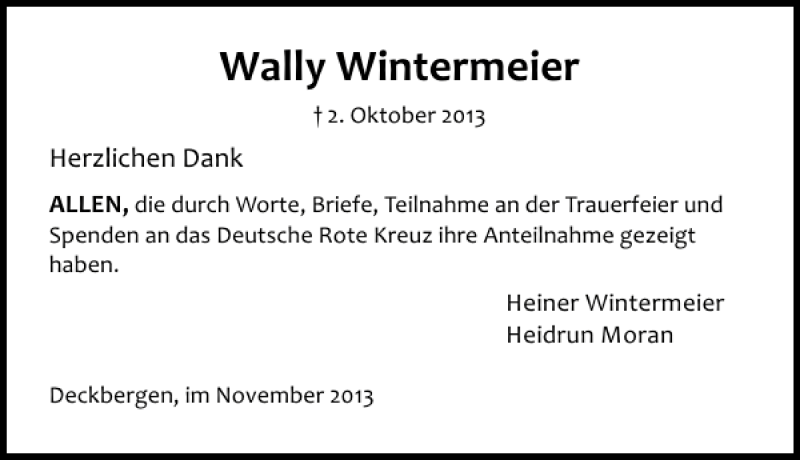  Traueranzeige für Wally Wintermeier vom 16.11.2013 aus Schaumburger Nachrichten