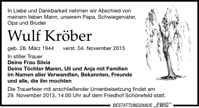  Traueranzeige für Wulf Kröber vom 09.11.2013 aus Leipziger Volkszeitung