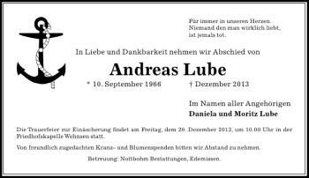 Traueranzeige von Andreas Lube von Peiner Allgemeine Zeitung