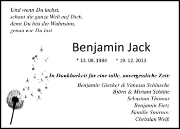 Traueranzeige von Benjamin Jack von Schaumburger Nachrichten