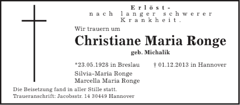  Traueranzeige für Christiane Maria Ronge vom 07.12.2013 aus HAZ/NP